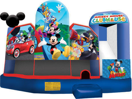 A rental service in Naperville offers inflatable bounce houses with Mickey Mouse designs. 
